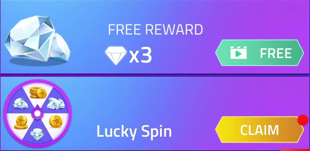 Free Reward and Lucky Spin entries in the song list.