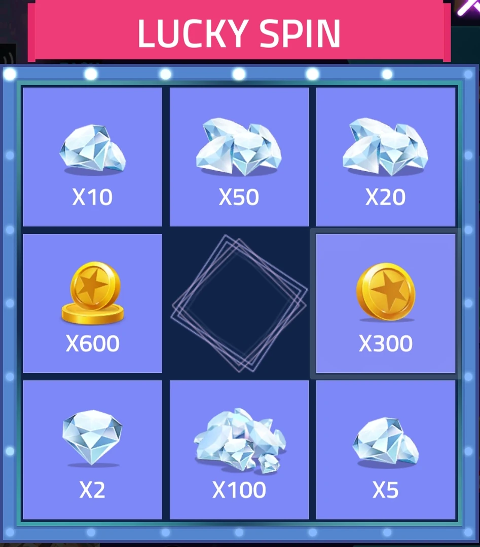The Lucky Spin panel displays possible coin and diamond rewards.
