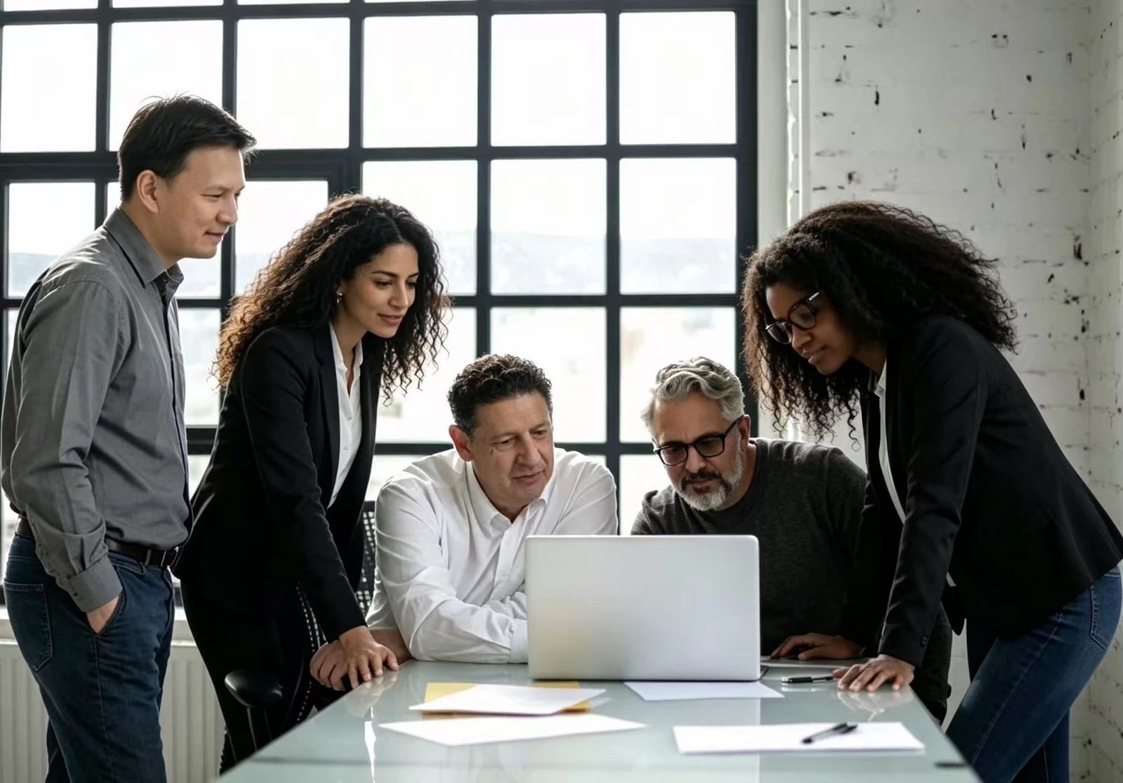 Five people gathered around a laptop, sharing ideas in a bright workspace