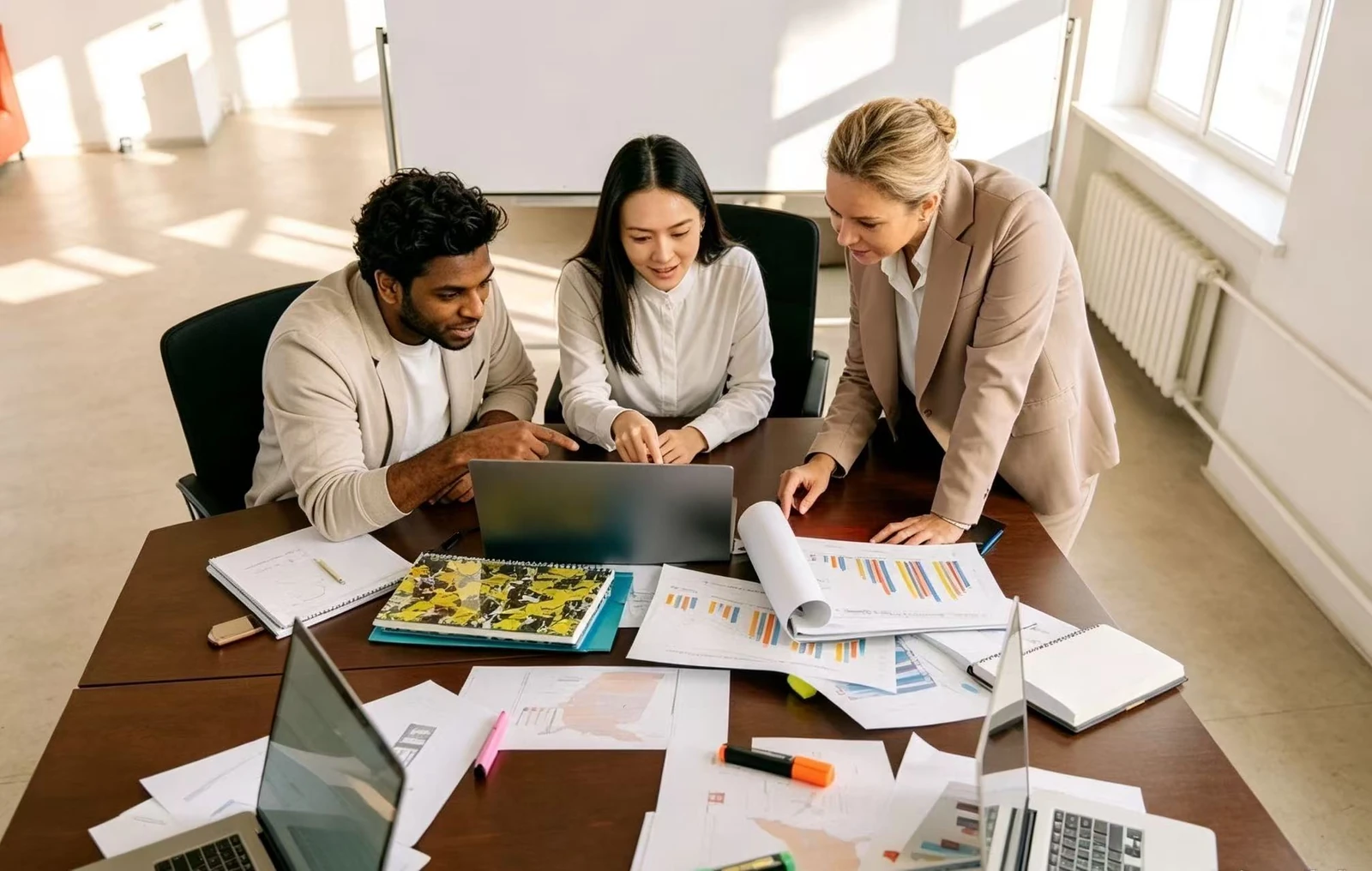 Three people discussing ideas around a laptop with notebooks and project materials on the table